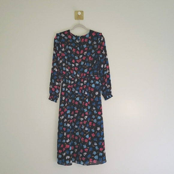 J. Crew Floral Midi Dress 4 Black Blue Pink Long Sleeve Cottage Office Career - Picture 7 of 16